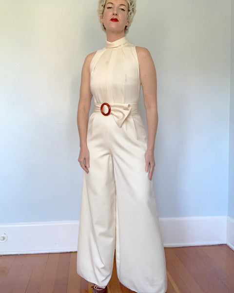 1960s Matte Cream Satin Wide Leg Tuxedo Jumpsuit with Wide Sash Belt by "Richmond Garden" for "Saks Fifth Avenue"