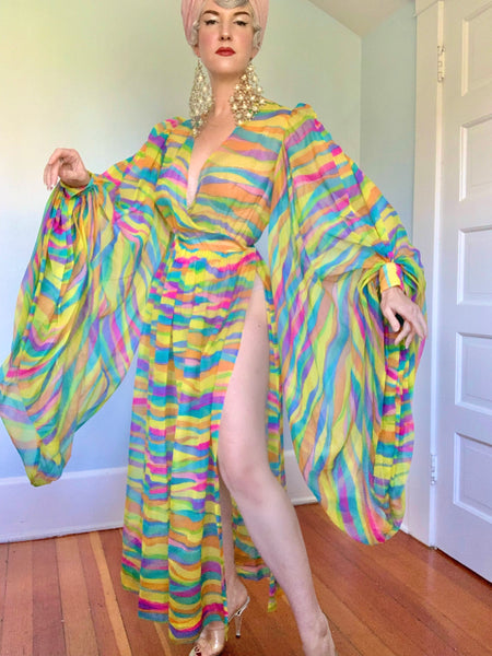 Custom Made 1960s Sheer Psychedelic Chiffon Gown w/ Huge Lantern Sleeves