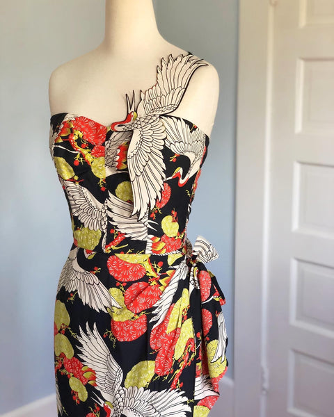 Custom Made 1940s Style "Gladys Williams of Honolulu" Replica 1940s Silk Fabric Crane Motif Hawaiian Sarong Dress