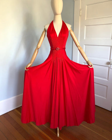 1970s Designer "Boutique Donald Brooks" Ruched Jersey Halter Gown with Belt