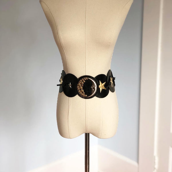 1980s Leather with Metal Moon & Stars Theme Belt