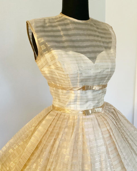 1950s Sheer Silk Organza with Gold Lurex Stripes Over Satin Illusion Bust Party Dress