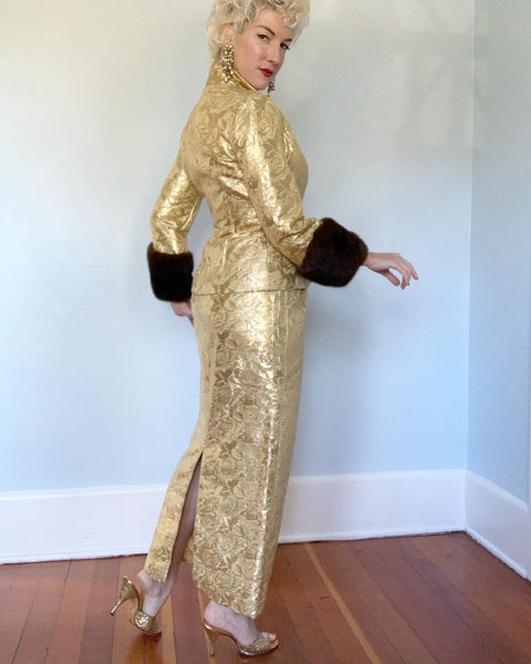 Couture 1950s "Milgrim" 2 Piece Silk Gold Lame' Halter Gown & Matching Hourglass Jacket with Huge Mink Cuffs