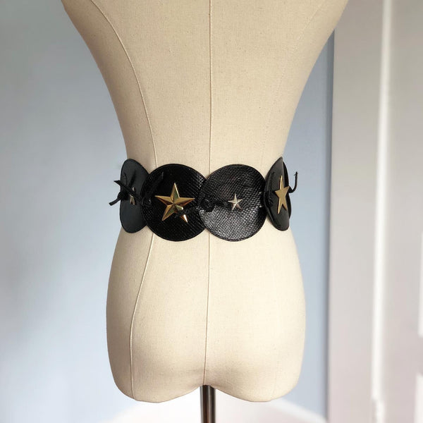1980s Leather with Metal Moon & Stars Theme Belt