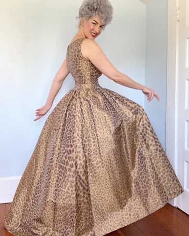 1980s "Oscar de la Renta" Silk Leopard Print Ball Gown w/ Pockets