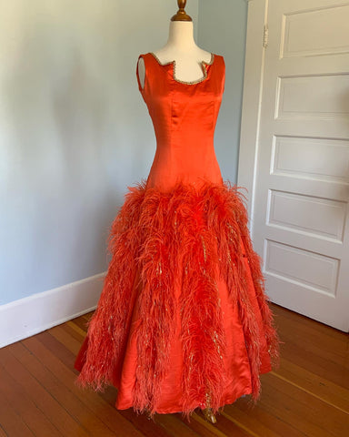 Custom Made 1960s Orange Raw Silk Gown with Ostrich Feather & Gold Tinsel Trim