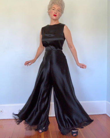 Custom Made 1920s Black Silk Bias Cut Beach Pajamas Jumpsuit with Silk Fringe