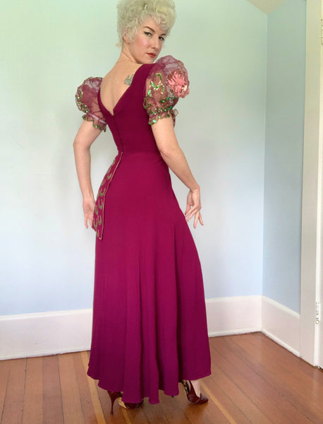 Custom Made 1940s Rayon Crepe Gown w/ Huge Mesh Sleeves & Hand Sequined Details Throughout