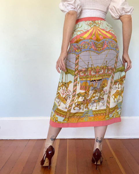 1980s Animal Carousel Merry-Go-Round Novelty Print Pleated Midi Silk Skirt with Pockets by "Jerri Sherman Collection"