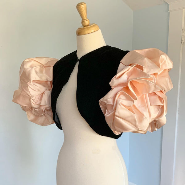 1980s does 1930s Velvet Cropped Bolero with Huge Taffeta "Rose" Sleeves by "Victor Costa"