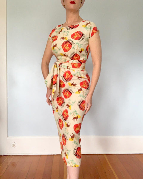 Custom Made 3 Piece Cocktail Ensemble in 1950s "Al Malaikah Temple of Los Angeles" Shriners Novelty Print Cold Rayon Fabric