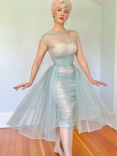 1950s Nylon Chiffon Over Satin Cocktail Dress