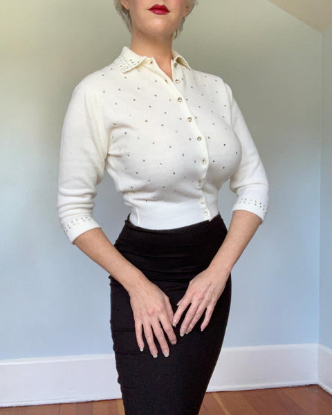 Sparkling 1950s "Schiaparelli" Cashmere Cropped n' Fitted Sweater w/ Crystal Rhinestones