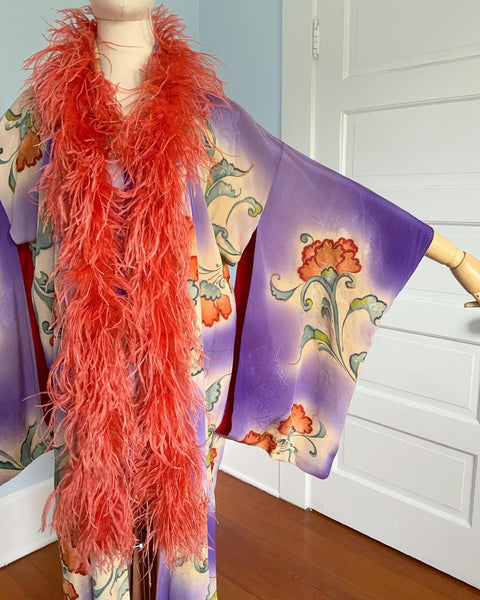 1930s Hand Painted Japanese Silk Kimono with Ostrich Feather Boa Trim