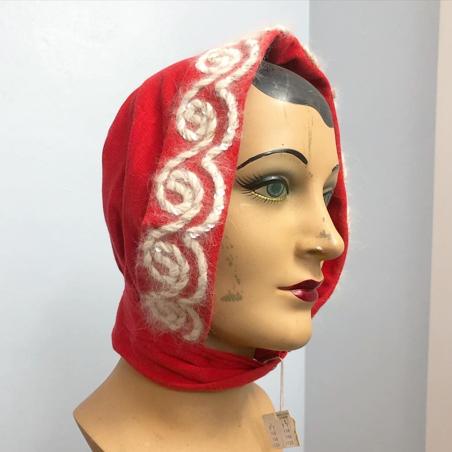 Deadstock with Tags 1940s Wool Jersey with Angora Hand Sequined Swirl Detail Hood Hat by "Mr. Milton New York"