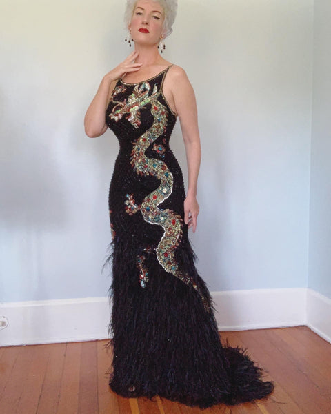 Dazzling Beaded Bejeweled Dragon Evening Gown w/ Ostrich Feather Hem