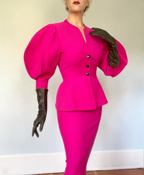 1980s Shocking Pink Wool Hourglass Cocktail Suit with Balloon Sleeves