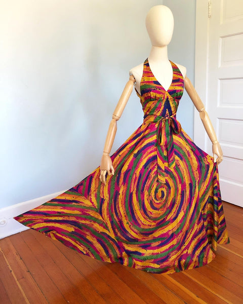 French Couture 1960s Designer "Y.P. Dubois" Silk Psychedelic Halter Gown with Tie Belt