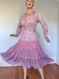 Dreamiest 1960s Indian Gauze Cotton Hand Painted Day Dress
