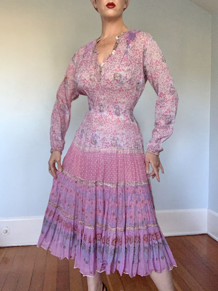 Dreamiest 1960s Indian Gauze Cotton Hand Painted Day Dress
