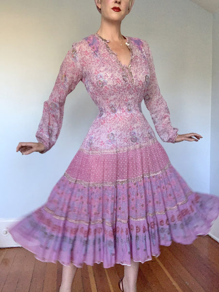 Dreamiest 1960s Indian Gauze Cotton Hand Painted Day Dress