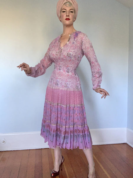 Dreamiest 1960s Indian Gauze Cotton Hand Painted Day Dress