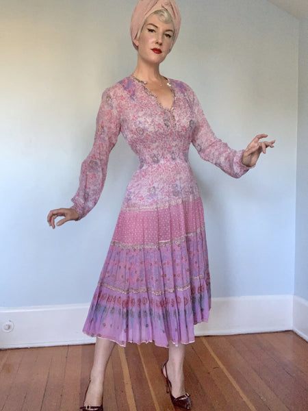 Dreamiest 1960s Indian Gauze Cotton Hand Painted Day Dress