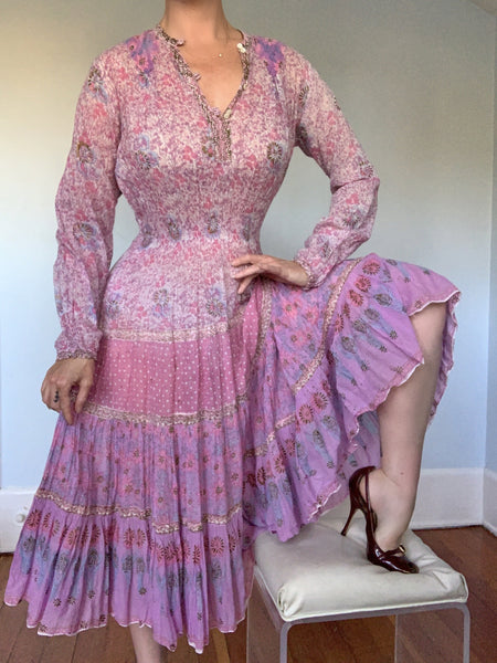 Dreamiest 1960s Indian Gauze Cotton Hand Painted Day Dress