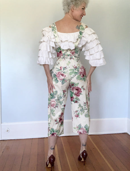 1980s "Karen Alexander" Rose Print Cotton Overalls Jumpsuit w/ Corset Style Waist & Pockets