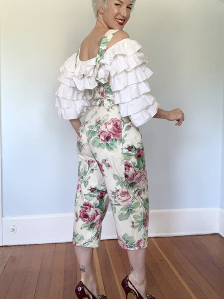 1980s "Karen Alexander" Rose Print Cotton Overalls Jumpsuit w/ Corset Style Waist & Pockets