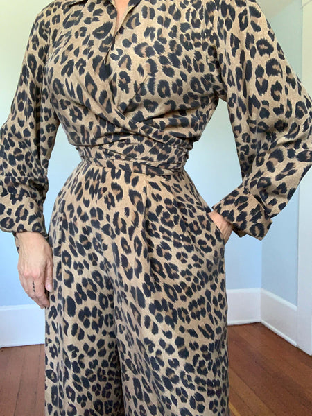 1980s Pure Silk Leopard Print Tie Blouse & High Waisted Palazzo Pants Set by "Carolyne Roehm"