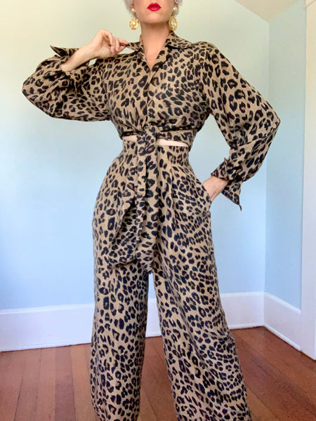 1980s Pure Silk Leopard Print Tie Blouse & High Waisted Palazzo Pants Set by "Carolyne Roehm"