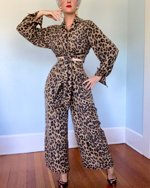 1980s Pure Silk Leopard Print Tie Blouse & High Waisted Palazzo Pants Set by "Carolyne Roehm"