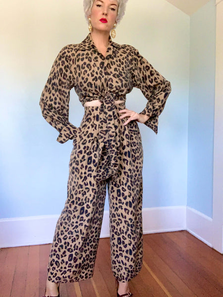 1980s Pure Silk Leopard Print Tie Blouse & High Waisted Palazzo Pants Set by "Carolyne Roehm"