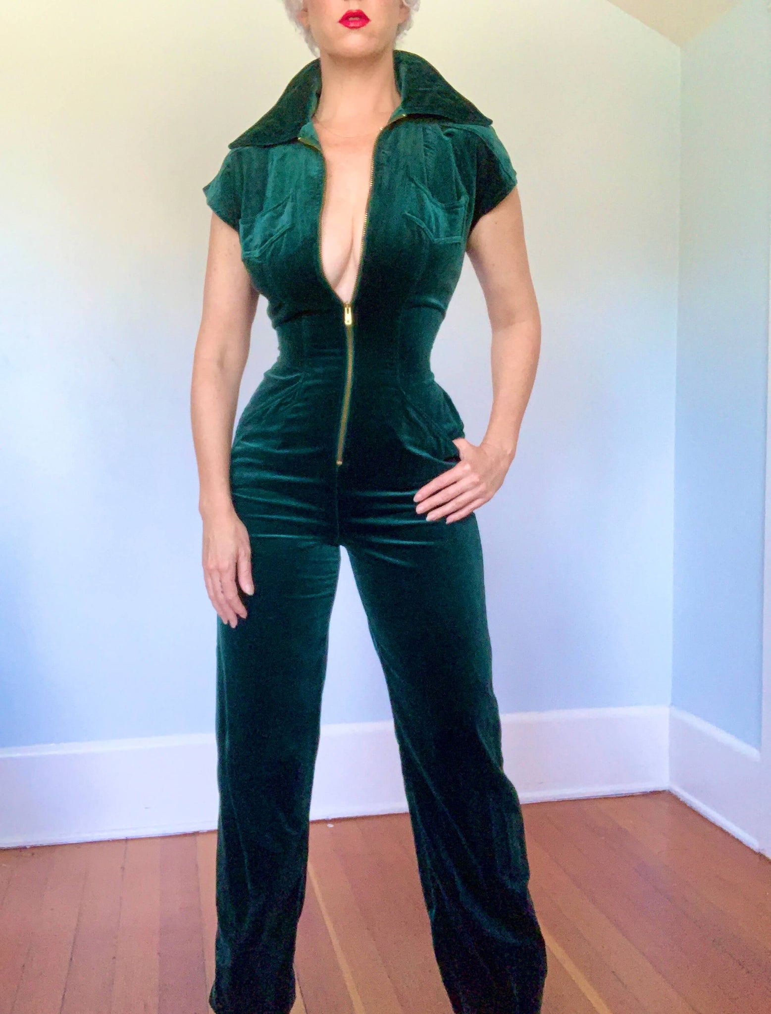 Luscious 1970s Deep Forest Green Velvet Hourglass Jumpsuit