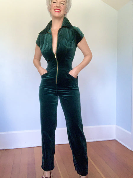 Luscious 1970s Deep Forest Green Velvet Hourglass Jumpsuit