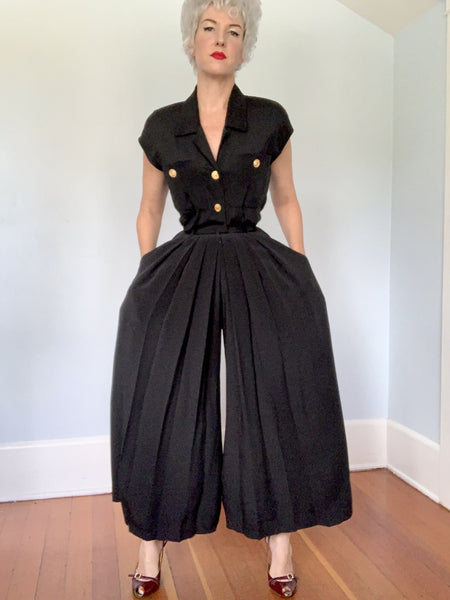 1980s does 1940s Designer "Anne Klein" Silk Pleated Palazzo Pant Jumpsuit
