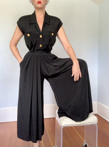 1980s does 1940s Designer "Anne Klein" Silk Pleated Palazzo Pant Jumpsuit