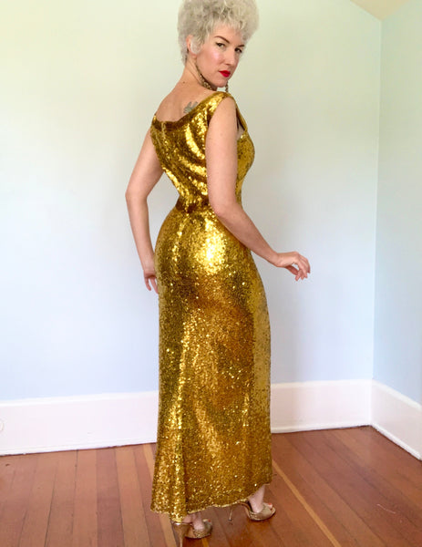 1950s Metallic Gold Hand Sequined on Silk Crepe Hourglass Evening Gown by "Heft's of Beverly Hills"