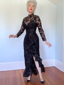 The Ultimate Vamp 1980s Designer "Lillie Rubin" Illusion Lace Sequined Gown w/ Chiffon Ruffle Hem