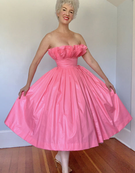 1970s "Victor Costa" Hot Pink Polished Cotton Chintz Strapless Party Dress w/ Ruffle 3D Shelf Bust