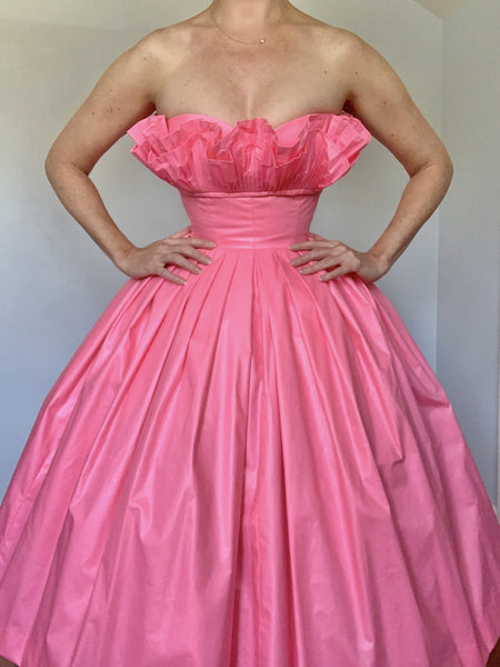 1970s "Victor Costa" Hot Pink Polished Cotton Chintz Strapless Party Dress w/ Ruffle 3D Shelf Bust