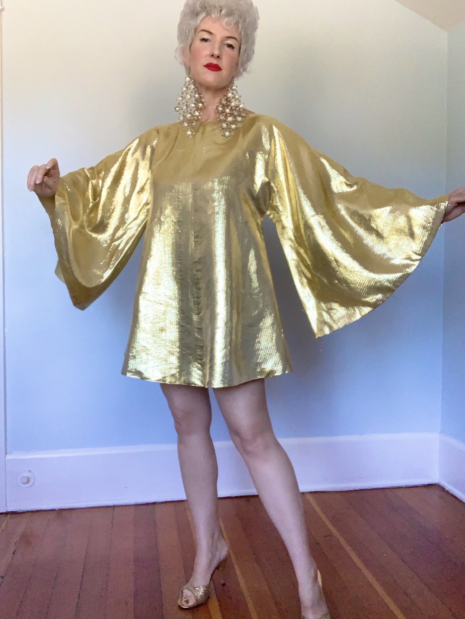 Custom Made 1960s Metallic Gold Liquid Lame' Mini Trapeze Dress w/ Hug butchwaxvintage Custom Made 1960s Metallic Gold Liquid Lame' Mini Trapeze Dress w/ Hug butchwaxvintage