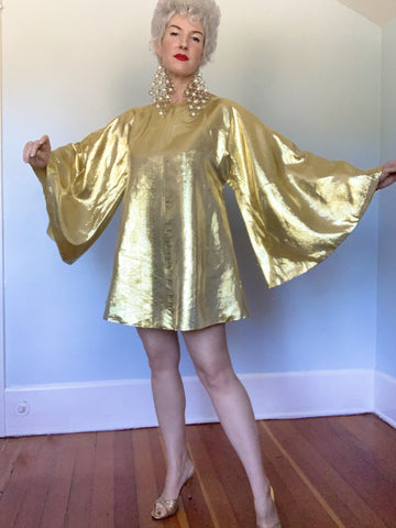 Custom Made 1960s Metallic Gold Liquid Lame' Mini Trapeze Dress w/ Huge Bell Sleeves