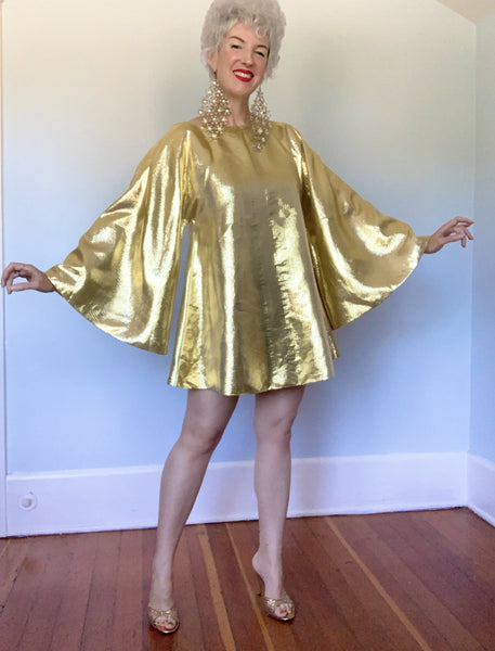 Custom Made 1960s Metallic Gold Liquid Lame' Mini Trapeze Dress w/ Huge Bell Sleeves