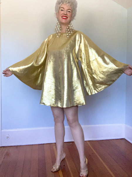 Custom Made 1960s Metallic Gold Liquid Lame' Mini Trapeze Dress w/ Huge Bell Sleeves