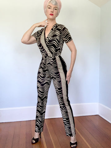 Rare 1970s Smoking Cigarettes Novelty Print Stretch Jumpsuit