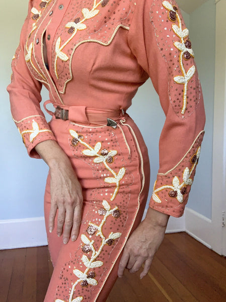 Custom Made 1950s Flamingo Pink Wool Gabardine 2 Piece Hand Embellished Cowgirl Suit w/ Star Shaped Sequins