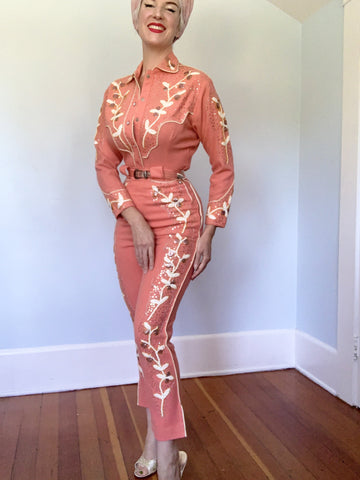 Custom Made 1950s Flamingo Pink Wool Gabardine 2 Piece Hand Embellished Cowgirl Suit w/ Star Shaped Sequins