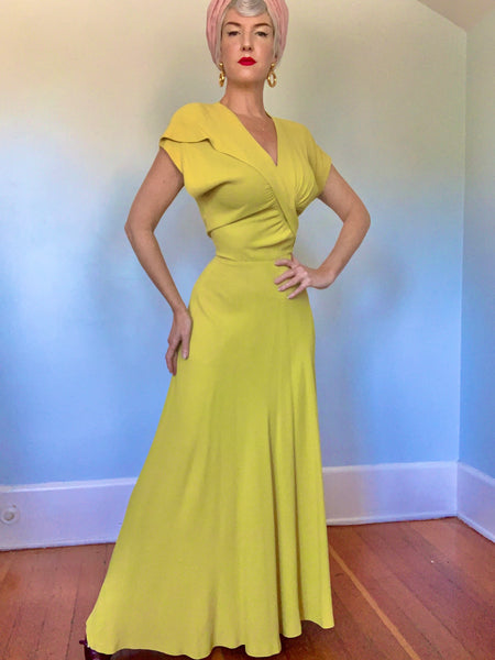 Rare 1940s Acid Chartreuse Rayon Crepe Bias Cut Evening Gown